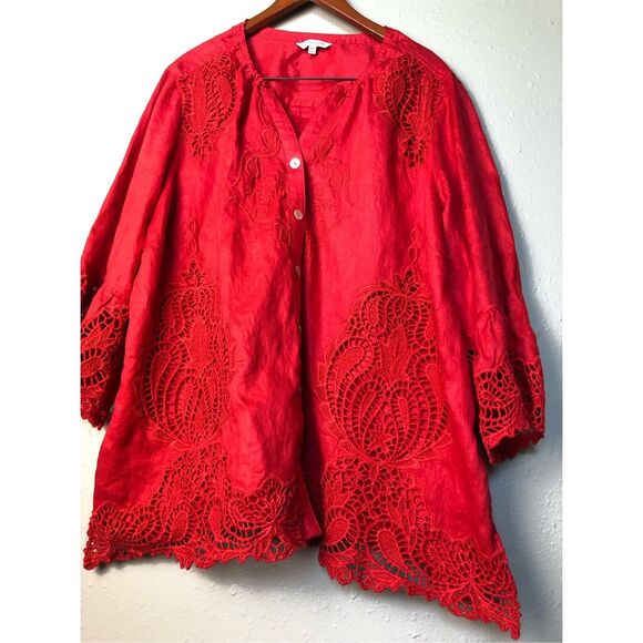 John Mark Scottsdale Classic Red LINEN/LACE Embroidered Blouse Tunic S Bell Slee - Picture 2 of 16